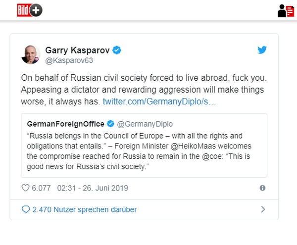 Каспаров нецензурно послал МИД Германии за поддержку возвращения России в ПАСЕ - «Военное обозрение»